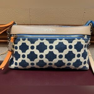 Spartina 449 Leather & linen Bag Crossbody Tan Navy